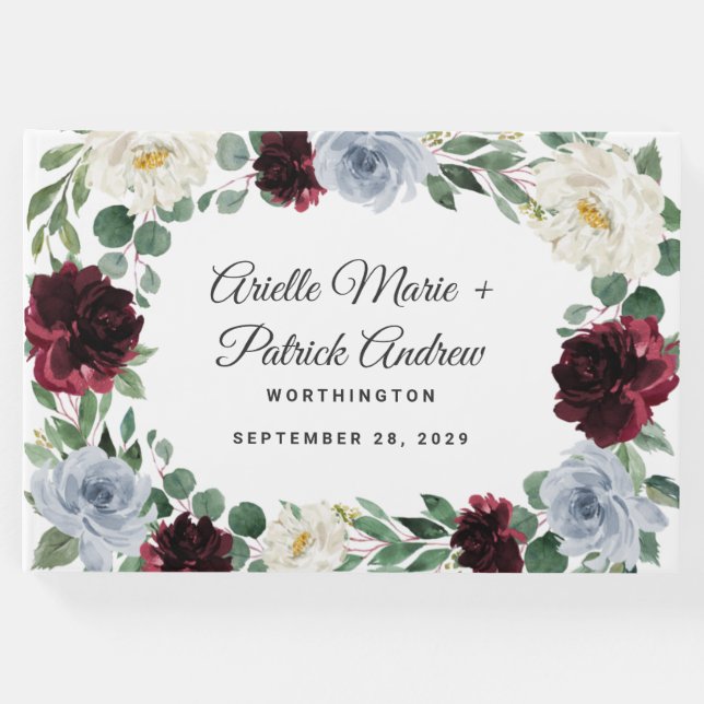 Livro De Visitas Dusty Blue Burgundy Cranberry Casamento outono de  (Frente)