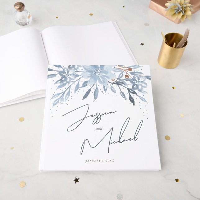 Livro De Visitas Dusty Blue Floral Chic Script Tema de inverno Casa (Criador carregado)