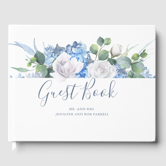 Livro De Visitas Dusty Blue Floral Greenery | Casamento Hydrangea (Frente)
