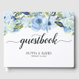 Livro De Visitas Dusty Blue Floral Rosa Watercolor Foliage Casament