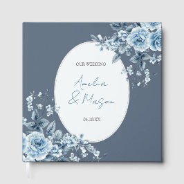 Livro De Visitas Dusty Blue Floral Script Elegant Wedding 