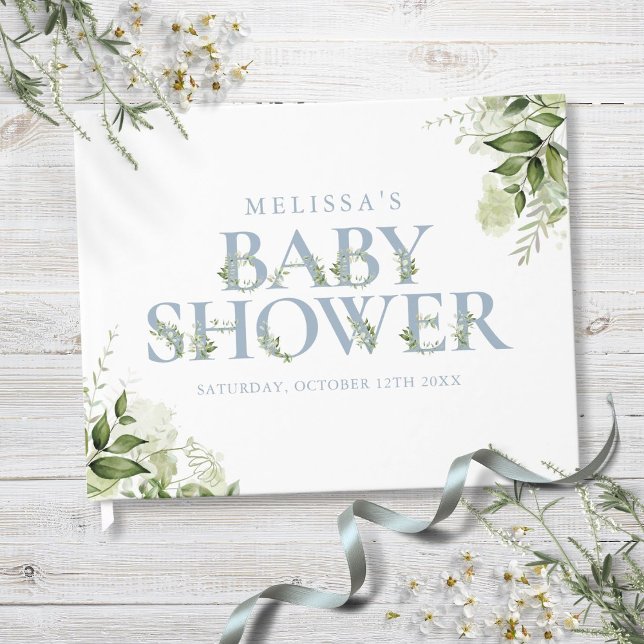 Livro De Visitas Dusty Blue Greenery - Letra Chá de fraldas (Dusty Blue Greenery Letter Baby Shower Guest Book)