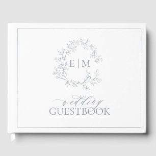 Livro De Visitas Dusty Blue Leafy Crest Monograma Casamento