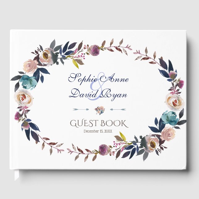 Livro De Visitas Dusty Blue Misty Rosa Wreath Wedding (Frente)