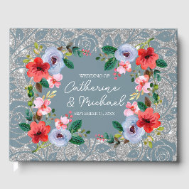 Livro De Visitas Dusty Blue Silver Glitter Watercolor Floral