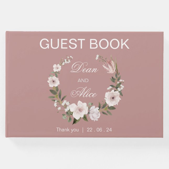 Livro De Visitas Dusty Pink Boho Água Floral Casamento Pastel (Frente)