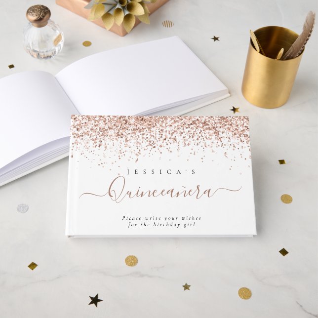 Livro De Visitas Dusty Rosa Glitter Quinceanera (Frente aberta)