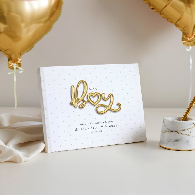 Livro De Visitas É um garoto Dourado Letra Balão de Letras Bebê (It's a Boy Gold Script Balloon Letters Baby Guest Book)