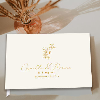 Livro De Visitas Ecru/Gold Floral Monogram Calligraphy Wedding