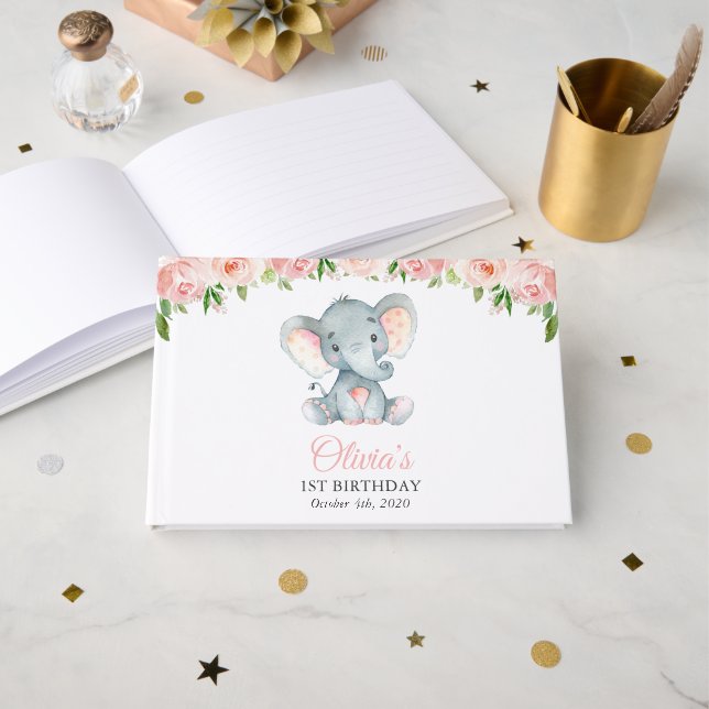 Livro De Visitas Elefante, Flores De Aquarela Rosa, Primeiro Aniver (Frente aberta)