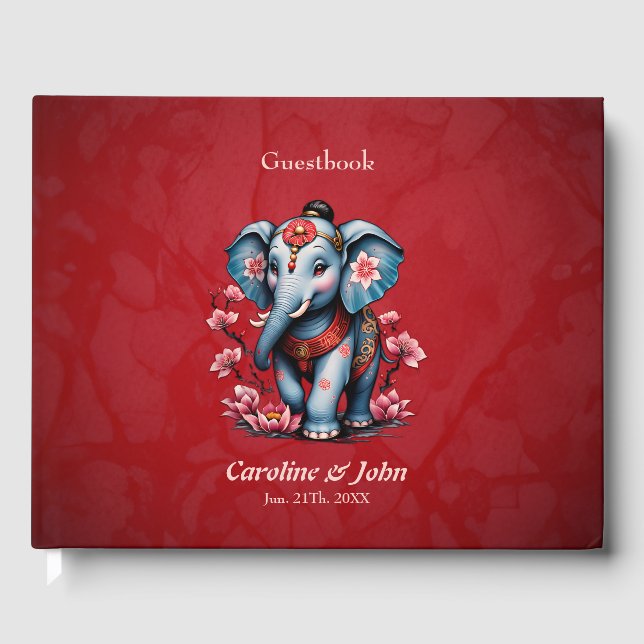 Livro De Visitas Elefante majestoso no estilo tradicional japonês. (Frente)