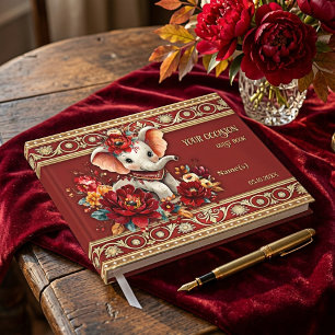 Livro De Visitas Elefante Vermelha Peônia Floral Indiana
