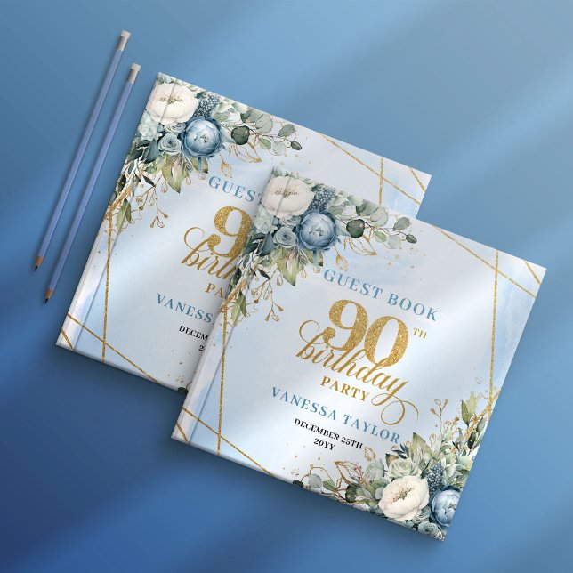Livro De Visitas Elegant 90th Birthday Dusty Blue Floral Frame Book (Timeless Dusty Blue Gold 90th Birthday Guest Book)