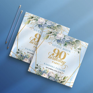 Livro De Visitas Elegant 90th Birthday Dusty Blue Greenery Frame 
