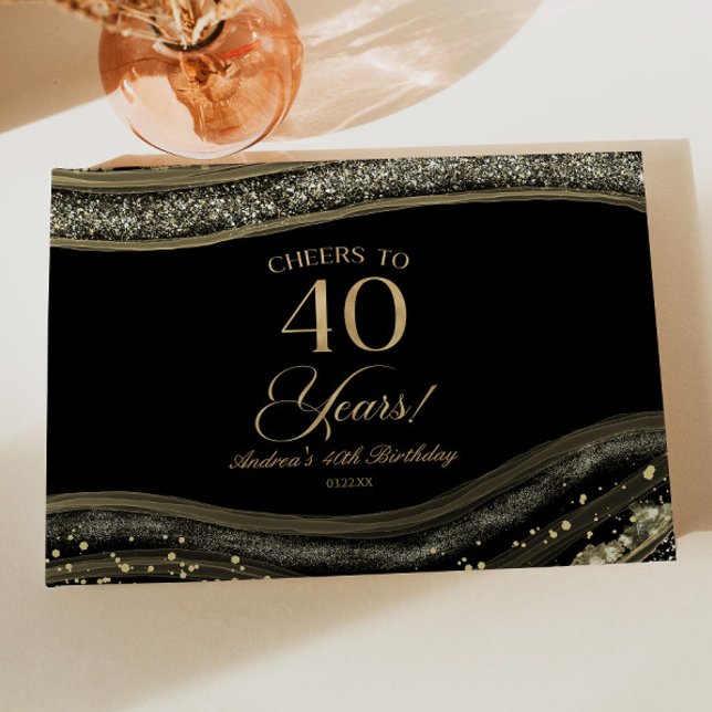 Livro De Visitas Elegant Black Gold Agate 40th Birthday Party (Criador carregado)