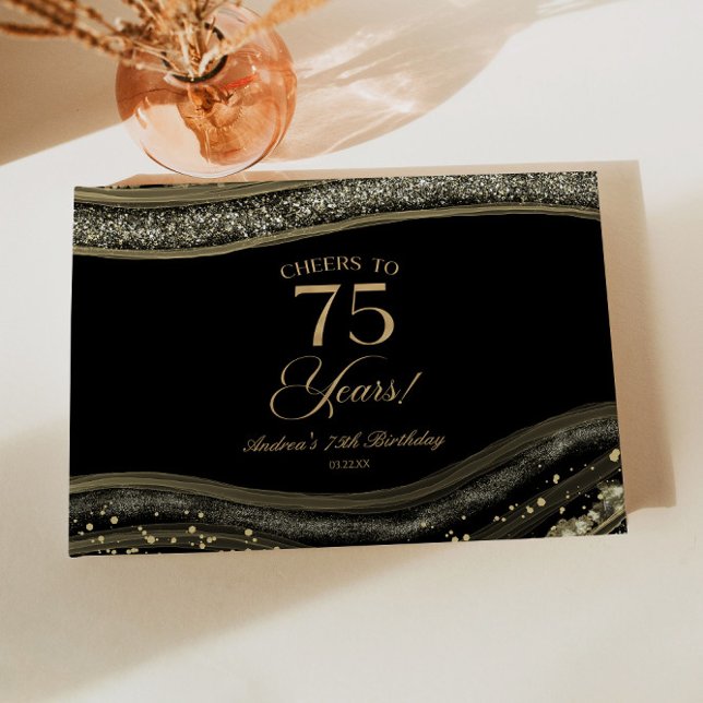 Livro De Visitas Elegant Black Gold Agate 75th Birthday Party (Criador carregado)