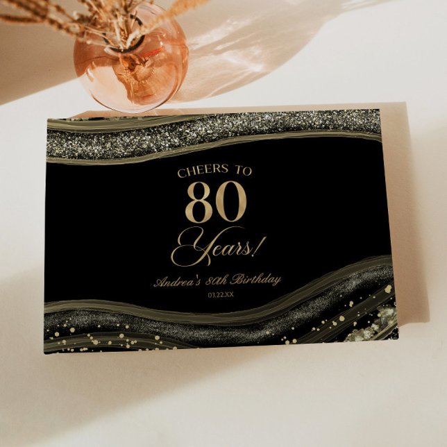 Livro De Visitas Elegant Black Gold Agate 80th Birthday Party (Criador carregado)