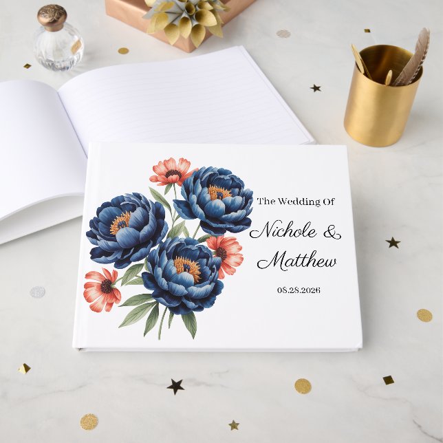 Livro De Visitas Elegant Blue and Burnt Orange Floral Wedding  (Frente aberta)