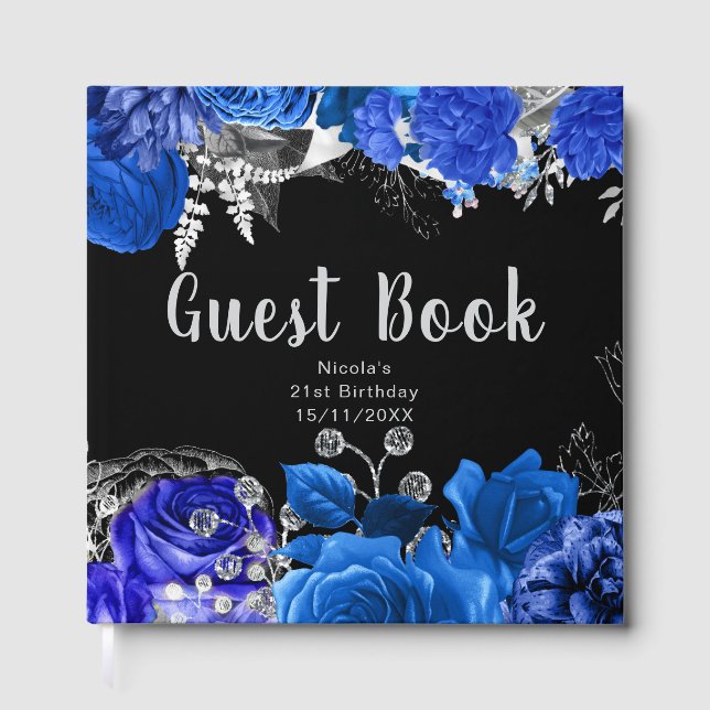Livro De Visitas Elegant Blue and Silver Flowers Birthday Party (Frente)