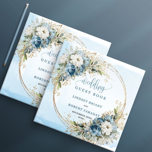 Livro De Visitas Elegant Blue Floral Gold Wedding Sign In Book (Elegant Blue Floral Gold Wedding Sign In Book)