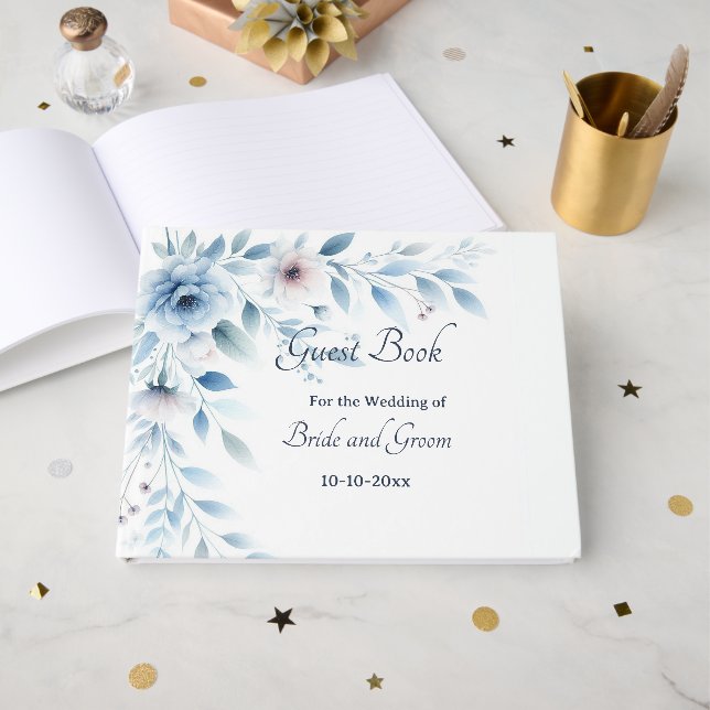 Livro De Visitas Elegant Blue Floral Wedding Guest Book (Frente aberta)