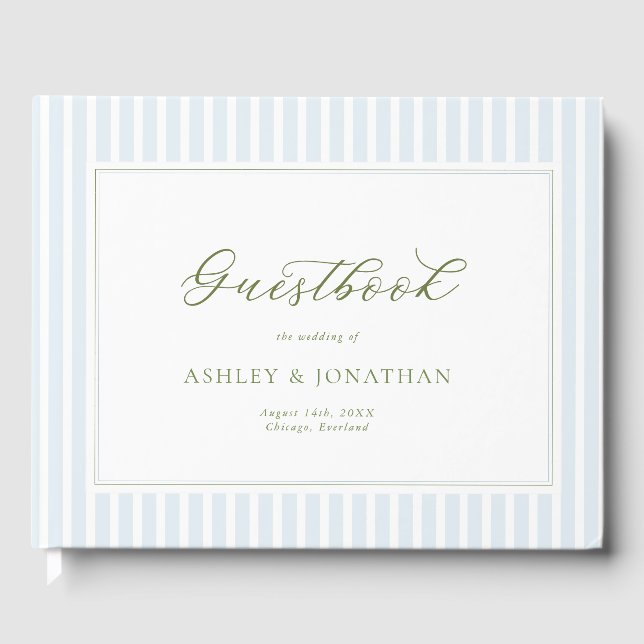 Livro De Visitas Elegant Blue & Sage Striped Wedding Invitation (Frente)