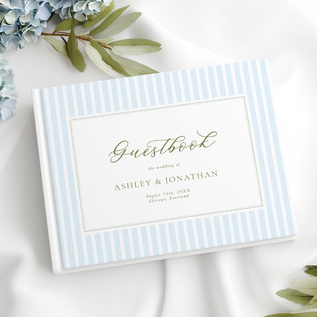 Livro De Visitas Elegant Blue & Sage Striped Wedding Invitation (Criador carregado)