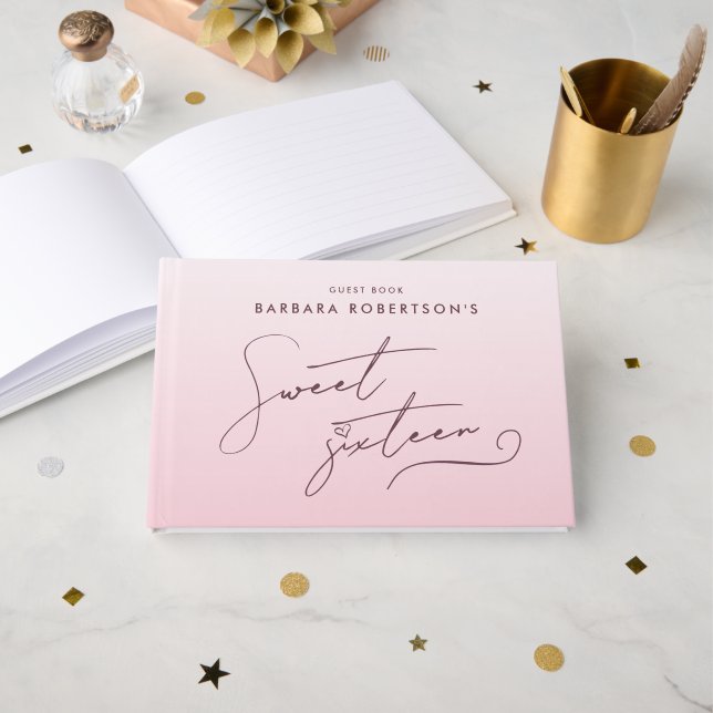 Livro De Visitas Elegant Blush Pink Ombre Script Sweet Sixteen (Frente aberta)
