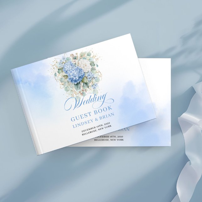 Livro De Visitas Elegant Boho Blue Hydrangeas Gold Guest Book (Blue hydrangea wedding guest book,
Watercolor Soft pastel blue floral, 
bohemian boho romantic light)