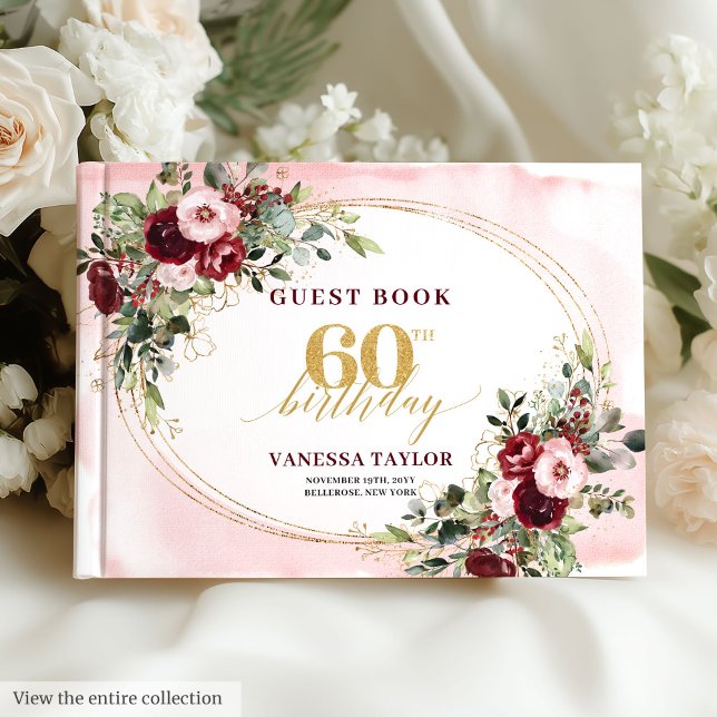 Livro De Visitas Elegant Boho Burgundy Roses Gold 60th Birthday  (Elegant boho burgundy and blush floral 60th guest book — customizable keepsake.)