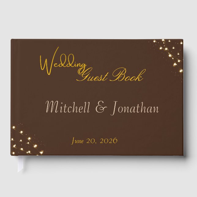 Livro De Visitas Elegant Brown & Gold String Lights Wedding  (Frente)