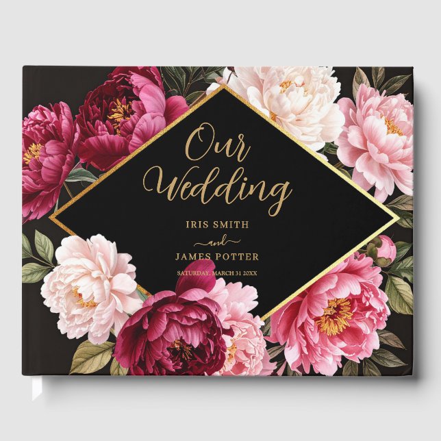Livro De Visitas Elegant Burgundy and Blush Peony Floral Wedding (Frente)