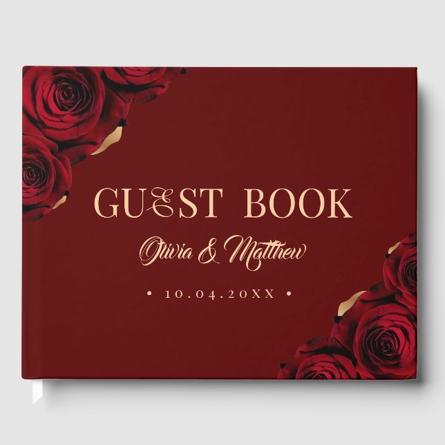Livro De Visitas Elegant Burgundy and Gold Roses Wedding (Frente)