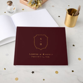 Livro De Visitas Elegant Burgundy & Gold Crest Monogram Wedding