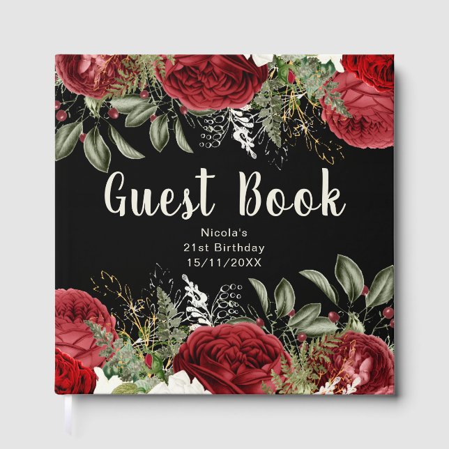 Livro De Visitas Elegant Christmas Red Flowers Birthday Party (Frente)