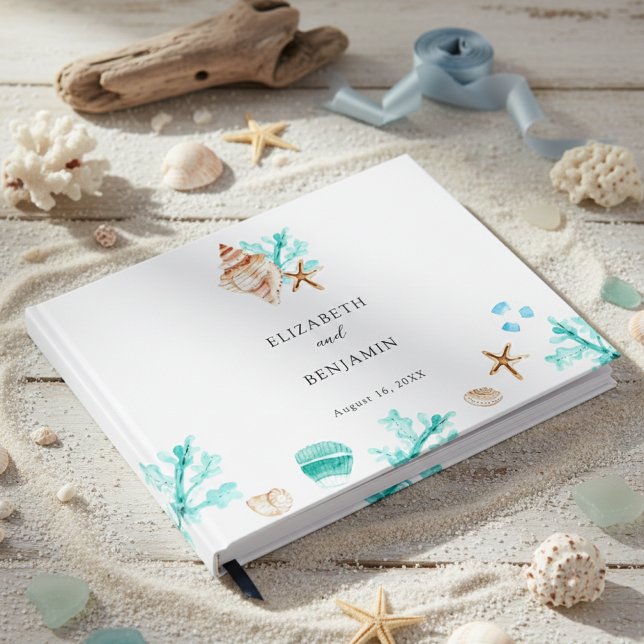 Livro De Visitas Elegant Coastal Seashell Watercolor Beach Wedding (Criador carregado)
