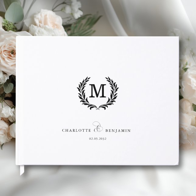 Livro De Visitas Elegant Crest Monogram Wedding White (Custom Elegant Crest Monogram Wedding White Guest Book)