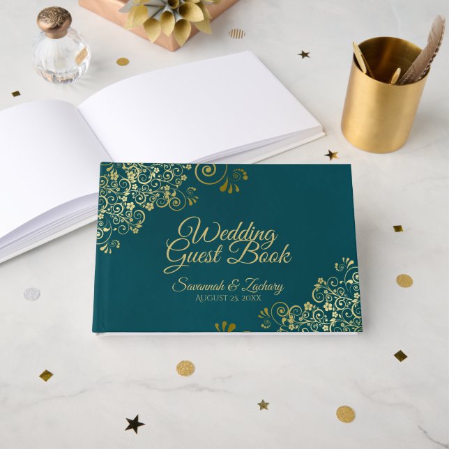 Livro De Visitas Elegant Dark Teal & Gold Stylish Wedding (Frente aberta)