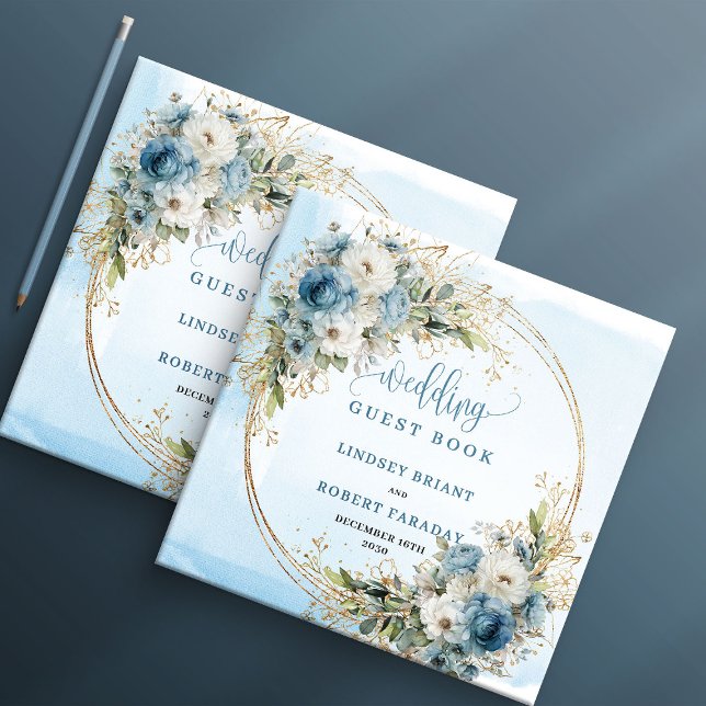 Livro De Visitas Elegant Dusty Blue Flowers Gold Wedding Guest Book (Elegant Dusty Blue Flowers Gold Wedding Guest Book)