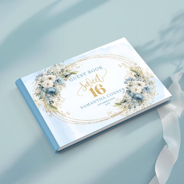 Livro De Visitas Elegant Dusty Blue Gold Greenery Sweet Sixteen  (Elegant Dusty Blue Gold Greenery Sweet Sixteen Guest Book

)