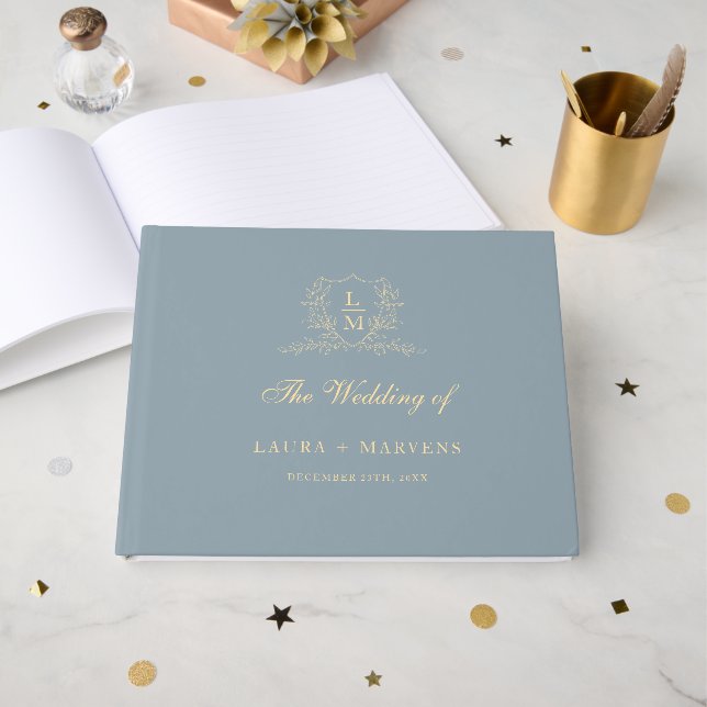 Livro De Visitas Elegant Dusty Blue & Gold Grest Monogram Wedding (Frente aberta)