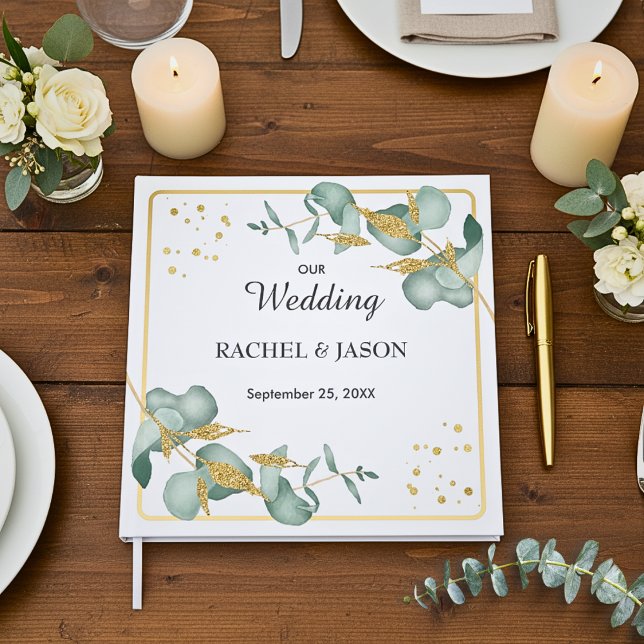 Livro De Visitas Elegant Eucalyptus Gold Glitter Greenery Wedding (Beautiful Botanical Eucalyptus Leaves Gold Glitter Personalized Wedding Guestbook Keepsake)