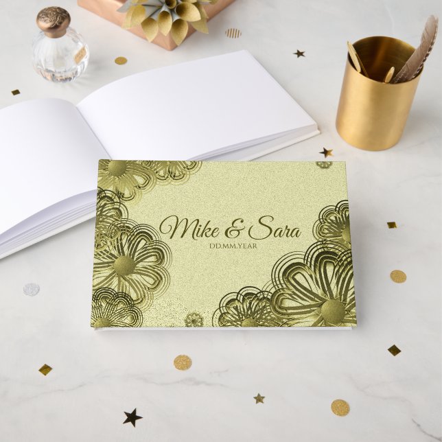 Livro De Visitas Elegant Gold Floral Guest Book (Frente aberta)