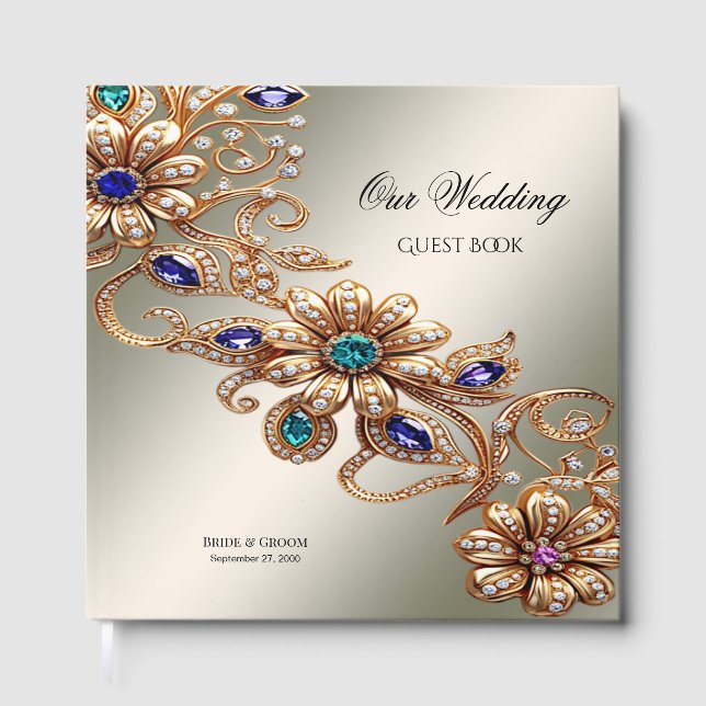 Livro De Visitas Elegant Gold Jewel Flowers Guest Book (Frente)