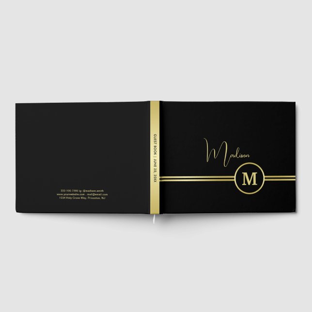 Livro De Visitas Elegant Gold Signature Monogram on Black (Completo)