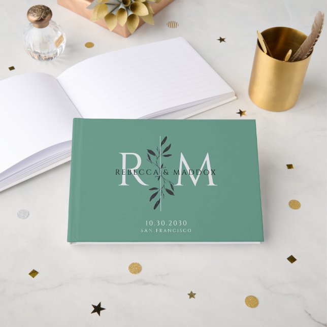 Livro De Visitas Elegant Gray Green Botanical Monogram Wedding (Frente aberta)