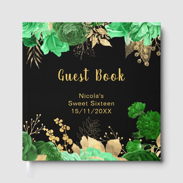Livro De Visitas Elegant Green and Gold Flowers Sweet Sixteen (Frente)