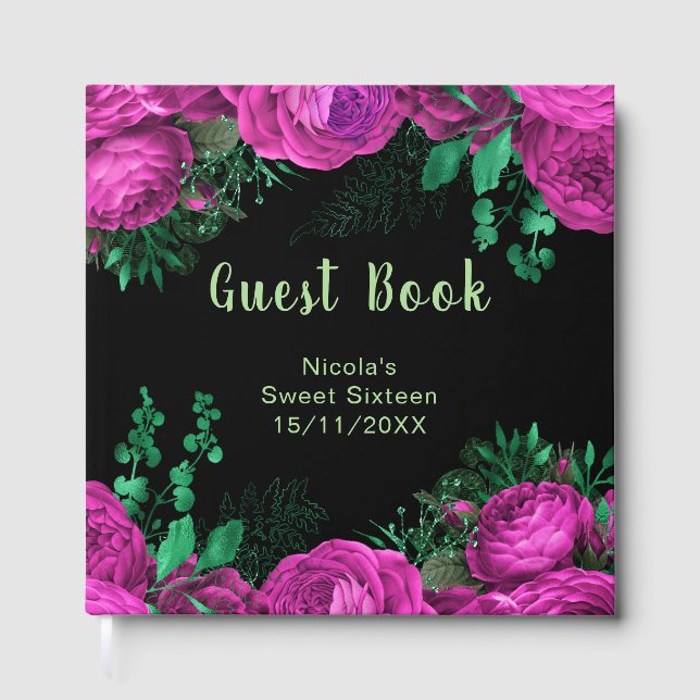 Livro De Visitas Elegant Hot Pink Flowers Sweet Sixteen (Frente)