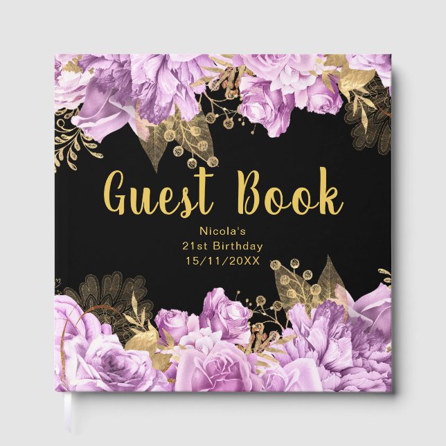 Livro De Visitas Elegant Lilac and Gold Flowers Birthday Party (Frente)