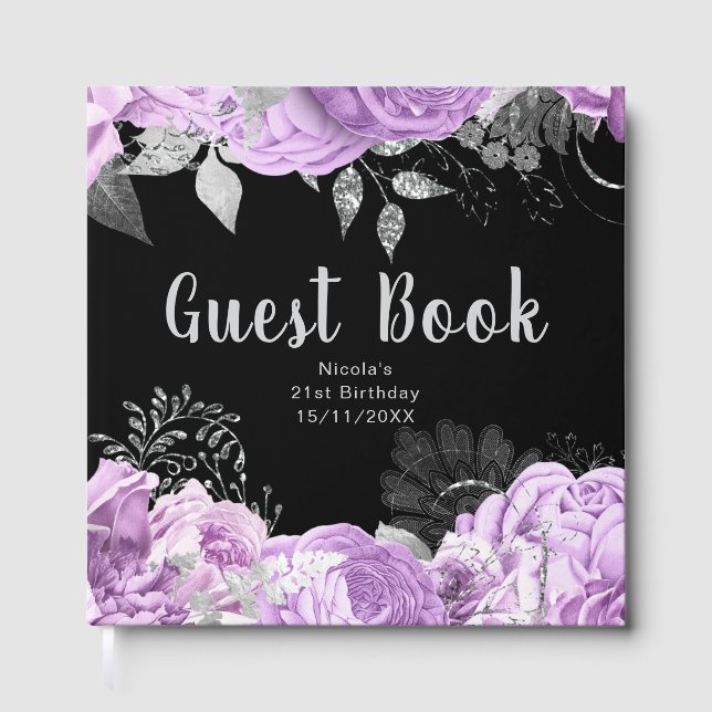 Livro De Visitas Elegant Lilac and Silver Flowers Birthday Party (Frente)